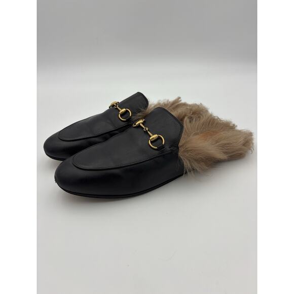 Gucci Princetown Horsebit Accent Black Leather Mules Fur Lined Size 9 39 Loafers - Picture 5 of 16
